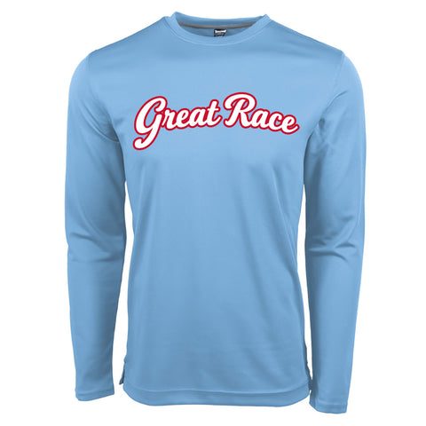 Men’s light blue long sleeve Great Race running shirt with red and white script logo.