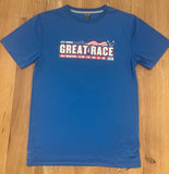 Royal blue men’s Great Race short sleeve running shirt with red, white, and navy chest graphic.