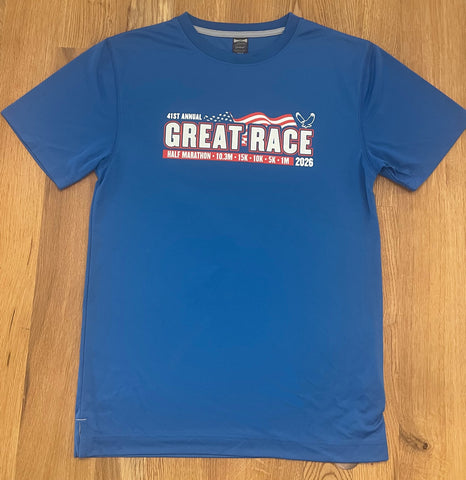 Royal blue men’s Great Race short sleeve running shirt with red, white, and navy chest graphic.