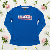 Royal blue women’s Great Race long sleeve running shirt with red and white chest graphic.