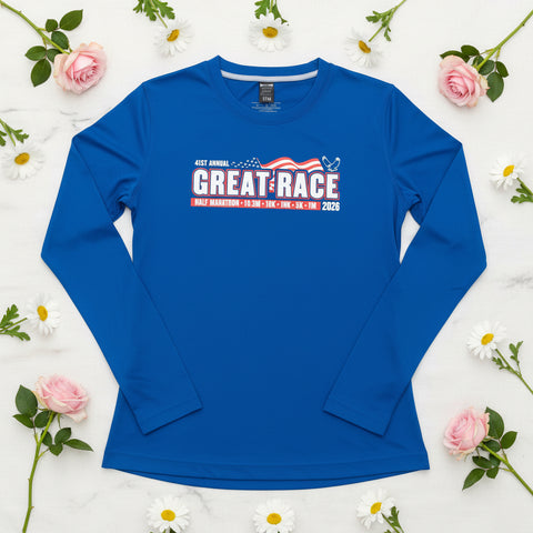 Royal blue women’s Great Race long sleeve running shirt with red and white chest graphic.