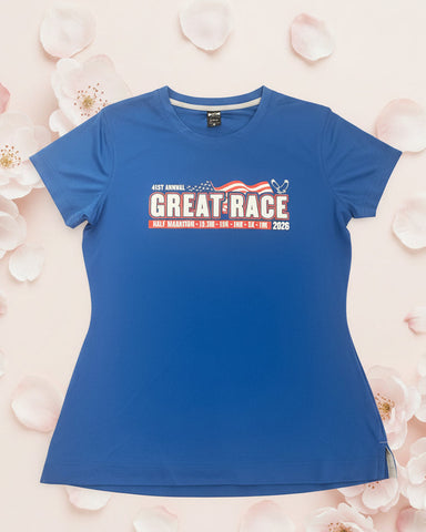 Royal blue women’s Great Race short sleeve running shirt with red and white chest graphic.