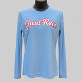 Women’s light blue long sleeve Great Race running shirt with red and white script logo.