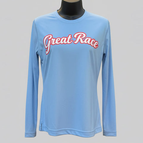 Women’s light blue long sleeve Great Race running shirt with red and white script logo.